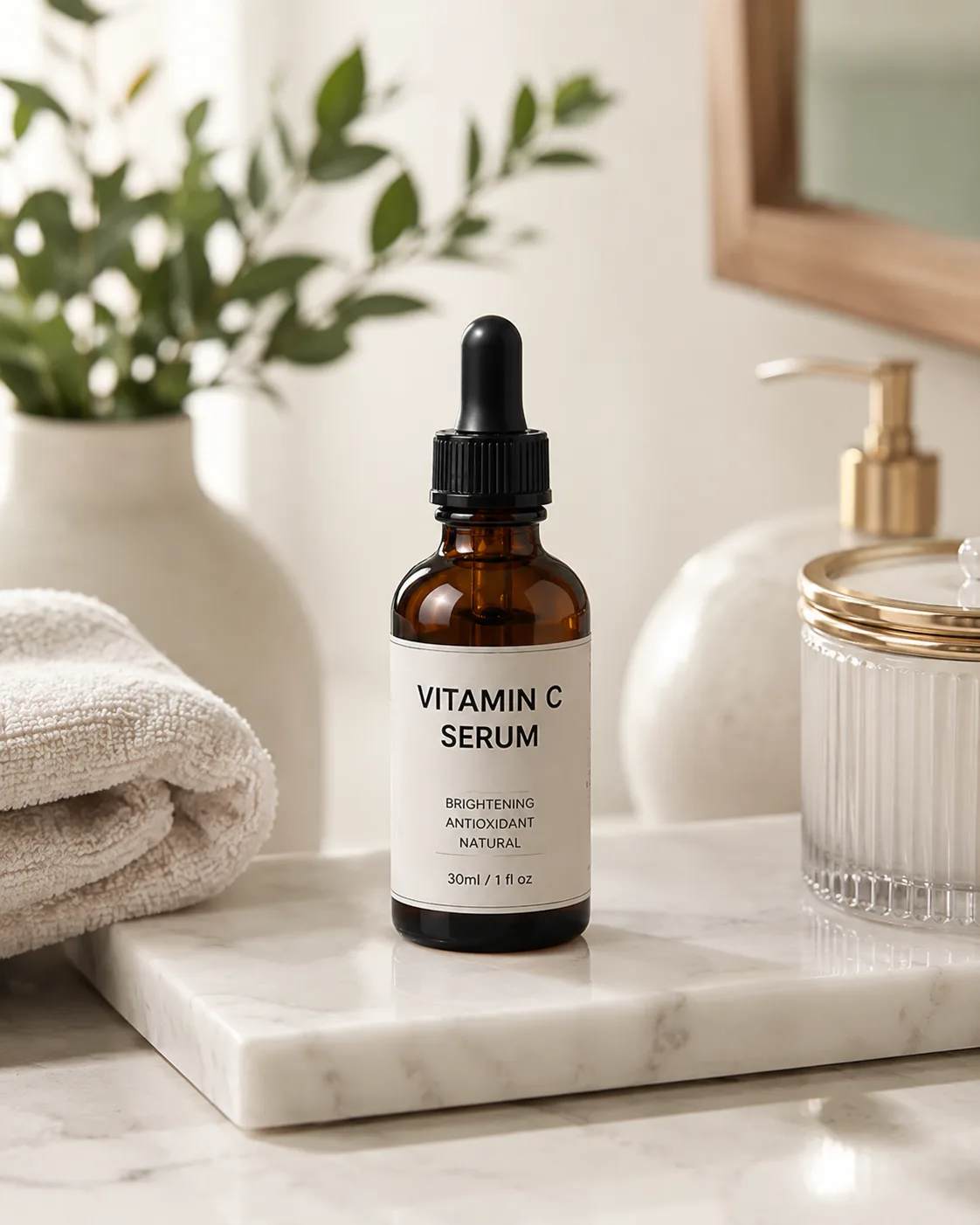 Lifestyle context example for a vitamin C serum bottle